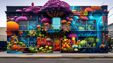 Explore the urban landscape transformed by the bold and psychedelic colors of street art murals.