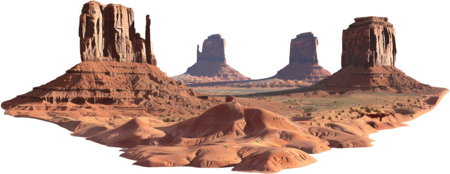 Majestic red rock formations in desert landscape, Monument Valley cut out transparent