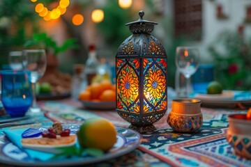 A table adorned with a lit candle and plates of delicious food, creating an inviting atmosphere, A...