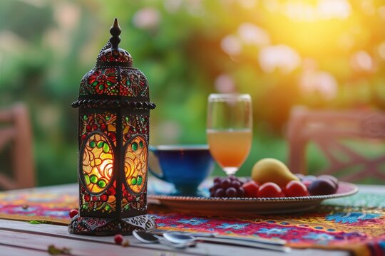 An image showcasing a table with a plate of fruit and a lamp placed on top, A Ramadan lantern (Fanous) placed near a colorful iftar table, AI Generated