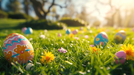 Painted Easter eggs on a green lawn.