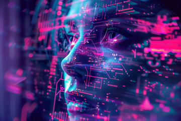 Fototapeta na wymiar Futuristic digital technology image of woman face close up. Science and artificial intelligence technology, innovation and futuristic Machine learning and cognitive computing concept
