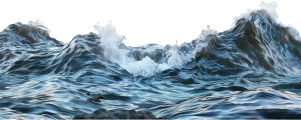 Crashing blue ocean waves with white foam, cut out transparent