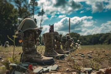 Row of Military Boots on Top of Field, A row of military boots, helmets and rifles in a field to signify fallen soldiers on Memorial Day, AI Generated - obrazy, fototapety, plakaty
