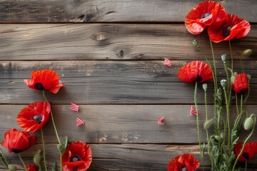 A collection of vibrant red flowers arranged neatly on a sturdy wooden table, A rustic wooden surface with Memorial Day decorations like small American flags and red poppies, AI Generated
