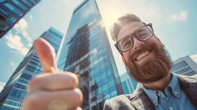 Happy smiling hipster businessman showing thumbs-up gesture