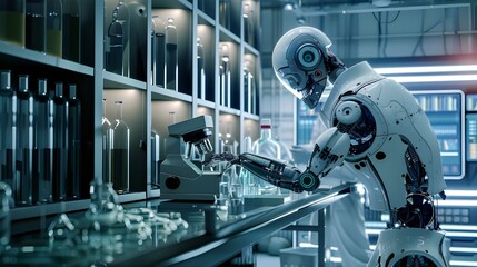 Fototapeta premium Working in an advanced laboratory, the cybernetic robot analyzes materials at the molecular level, which contributes to the development of new methods of their application in future projects.
