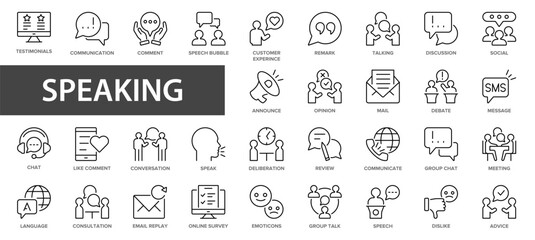 Fototapeta na wymiar Speaking line icons set. People and Communication icons collection. Speech bubble, discussion, team, relationships, support, social, talking, consultation.