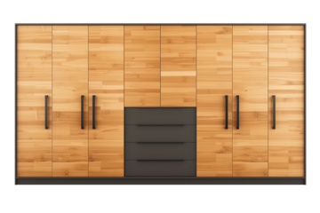Wooden wardrobe isolated on a white or transparent background. Closed modern wardrobe, close-up, front view. Graphic design element on the theme of furniture.