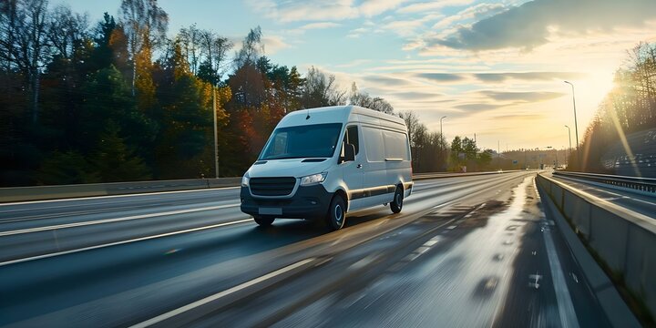 A cargo van driving on a busy highway under the sunny sky. Concept Transportation, Travel, Cityscape, Urban Lifestyle, Sunny Day