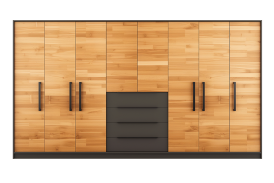 Wooden wardrobe isolated on a white or transparent background. Closed modern wardrobe, close-up, front view. Graphic design element on the theme of furniture.