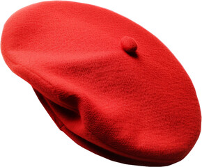 Classic red beret hat with soft texture, cut out transparent