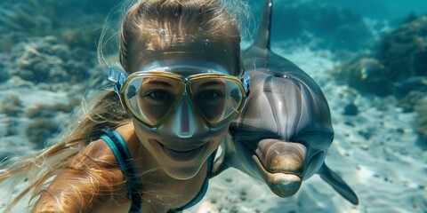 Obraz na płótnie Canvas Woman Snorkeling With Dolphin