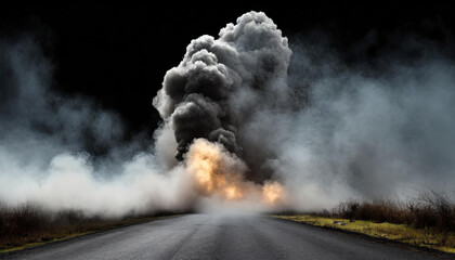 Smoke effect after explosion. Dust cloud. Asphalt road.