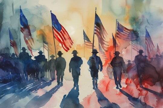 A Painting of a Group of People Walking Down a Street, A serene watercolor painting of a Memorial Day parade with American flags and marching veterans, AI Generated