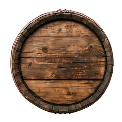 Fototapeta premium Wine barrel, top view. Old wooden barrel for storing wine close-up, isolated on a white or transparent background. Graphic design element on the theme of wine production.