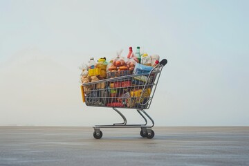 Shopping Cart Filled With Abundant Food, A shopping cart overflowing with goods representing high cost of living, AI Generated
