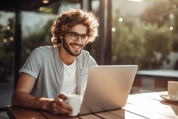 Obraz premium Portrait of a happy and smiling young entrepreneur with his laptop outdoors. generative ai