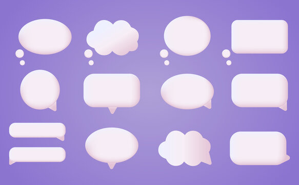 3d white speech bubble, social media chat message icon. Empty text bubbles in various shapes, comment, dialogue balloon set. Thought clouds of different shape as rectangle, ellipse