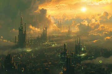A photo capturing a city of the future surrounded by dense clouds, creating an otherworldly atmosphere, A sprawling cyberpunk cityscape under a toxic, cloud-filled sky, AI Generated