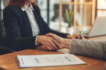 Two professionals engage in a handshake over a desk, sealing a business deal, A startup owner meeting a bank representative for a business loan, AI Generated