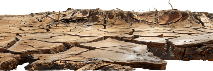 Textured dry cracked earth close-up, cut out transparent