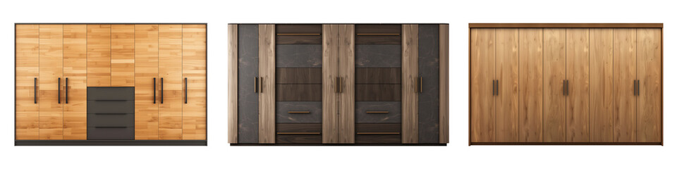 Set of wooden wardrobes isolated on a white or transparent background. Closed modern wardrobes, close-up, front view. Graphic design element on the theme of furniture.