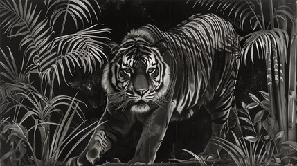 Tiger in the jungle with palm trees. Black and white illustration.