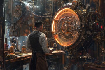 Fototapeta na wymiar A man is pictured standing in front of a massive machine, observing it closely, A steampunk inspired mechanic with a complex machinery as a backdrop, AI Generated