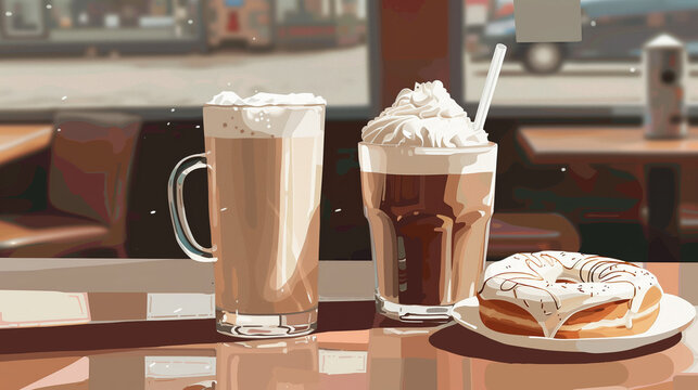 Coffee and donut in the cafe. Vector illustration.