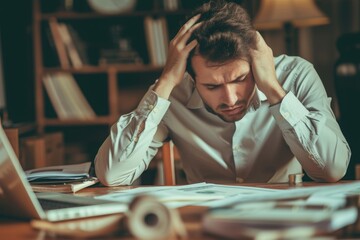 A man sitting at a desk with his head in his hands, visibly stressed and overwhelmed by his tasks and responsibilities, A stressed businessman dealing with loan paybacks, AI Generated - obrazy, fototapety, plakaty