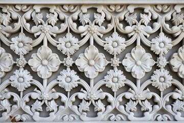 A detailed view of a decorative wall panel showcasing intricate designs and patterns, A stunning Islamic 'Jali' screen carved from marble, AI Generated