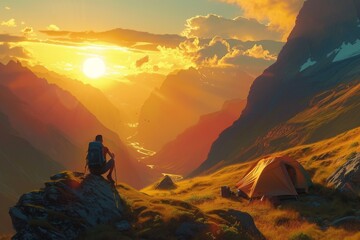 A man calmly sits on top of a mountain, next to his tent, enjoying the view of the surrounding landscape, A sublime mountain landscape at sunset with a backpacker setting up their camp, AI Generated