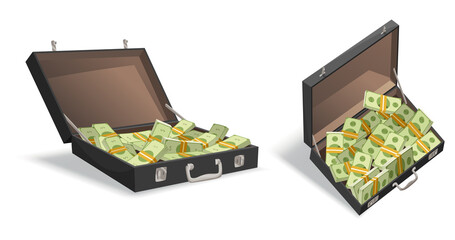 Suitcase full of money. Isometric illustration