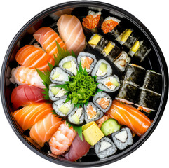 Assorted sushi platter top view, cut out transparent