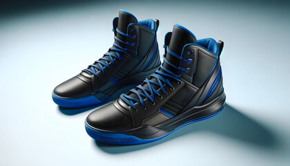 Sleek 3D Rendered High-Top Basketball Shoes: Deep Blue & Black Elegance, Next-Level Athleticism: Deep Blue & Black High-Top Sneakers 3D Art, Top Basketball Shoes: Striking Blue & Black Design on White