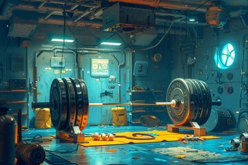 This photo showcases a spacious machine room filled with various types of industrial machinery in action, A surreal depiction of weightlifting in a zero-gravity environment, AI Generated