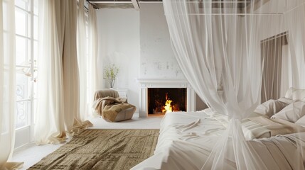 Serene Minimalist Bedroom with Canopy Bed and Fireplace AI Generated.