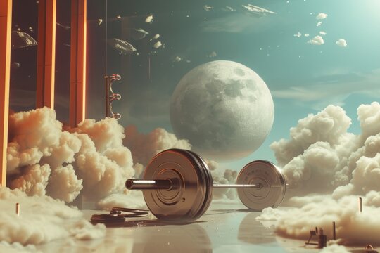 An image capturing the striking cityscape of an extraterrestrial metropolis in a futuristic science fiction backdrop, A surreal depiction of weightlifting in a zero-gravity environment, AI Generated