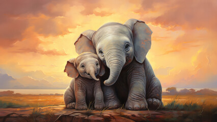 Baby elephant and his mother bonding, teaching kindness and courage, a warm-hearted lesson - obrazy, fototapety, plakaty