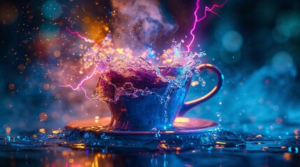 This image shows a dramatic cup with liquid splash illuminated by purple electric light, symbolic of night-time energy - obrazy, fototapety, plakaty