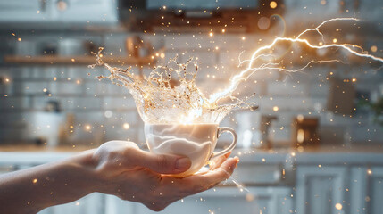 An engaging image of a hand holding a coffee cup with a splash of lightning adding a sense of power and energy