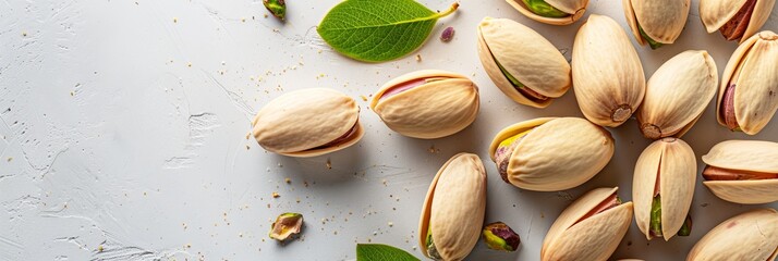 Arrangement of pistachios on bright white surface with ample room for text and copy space