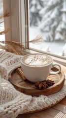 A cup of hot cocoa with milk foam on a wooden round tray on a table near the window.