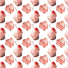 Watercolor seamless pattern with various desserts, sweets and cookies