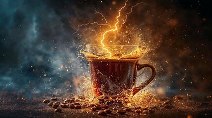 A dynamic scene depicting a coffee cup with a powerful splash against a background with lightning bolts