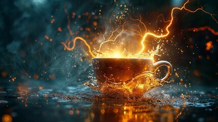 A dramatic golden splash from a coffee cup, with lightning striking in a rainy setting