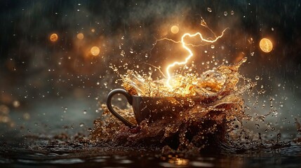 The scene projects a coffee mug causing a tumultuous splash, with glowing lights resembling a stormy rain atmosphere