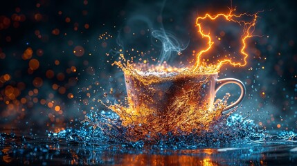 A mystical splash of coffee from a rustic cup with electric sparks against a dark background