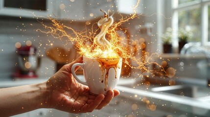 A hand holds a mug as a magical, electrified splash erupts, merging morning ritual with digital artistry